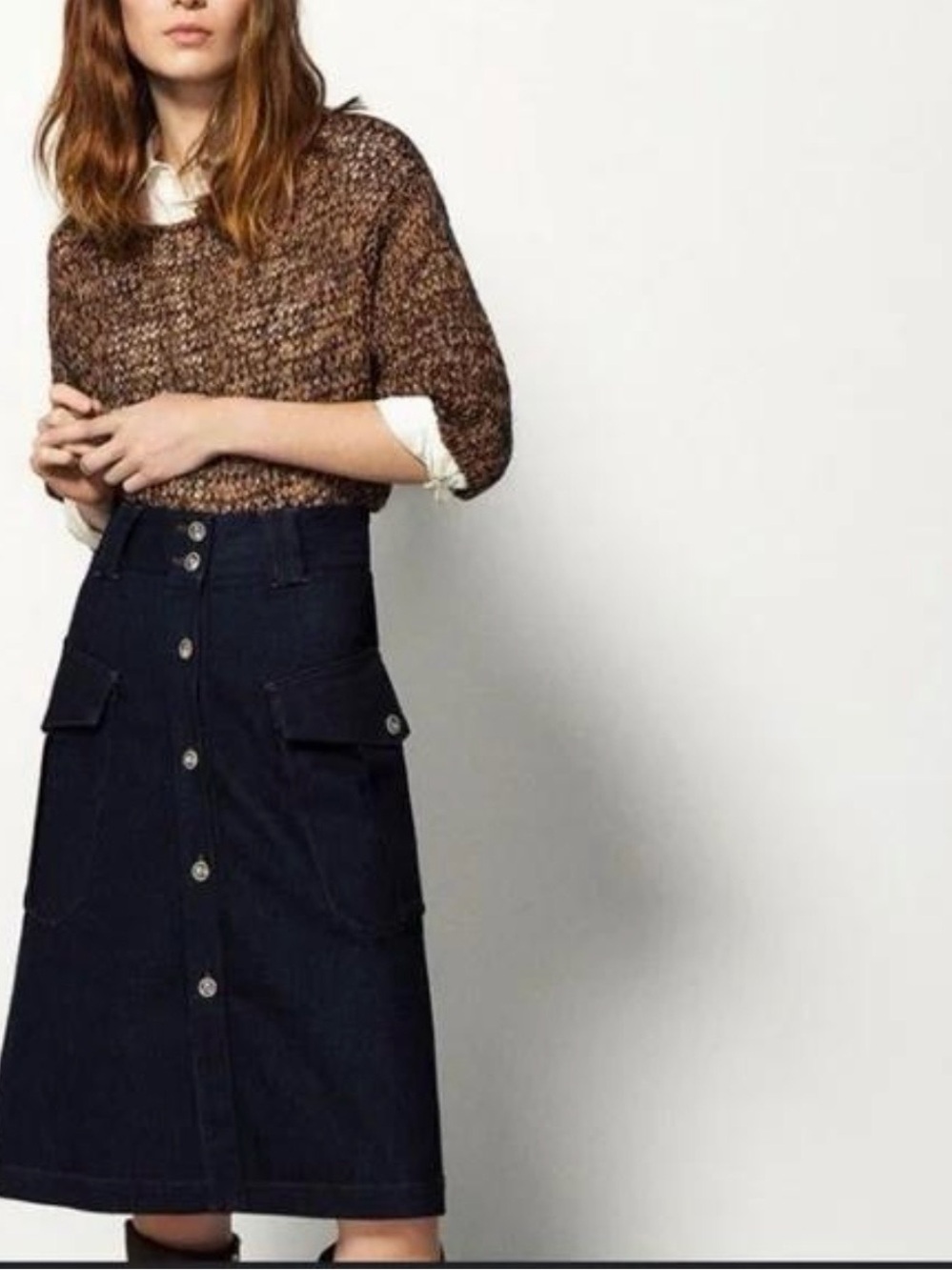 Massimo Dutti Dark Indigo Denim Cargo Utility Midi Skirt 8 70s Revival, Heritage